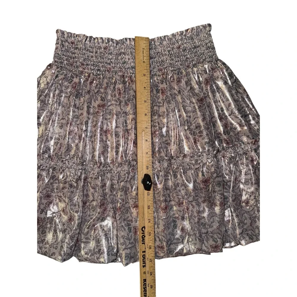 Free People Mini Skirt Womens Medium Floral silver Metallic Smocked Bubble Hem